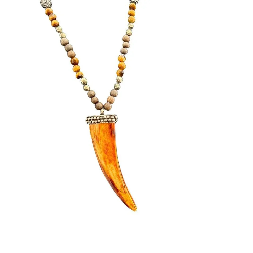 Tiger Eye Pyrite Wood Crystal Horn Pendant Necklace - Picture 4 of 6